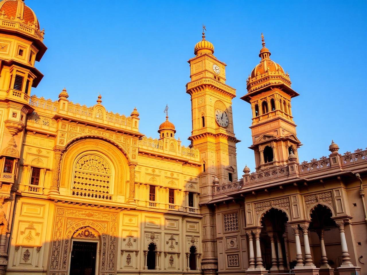 Ornate heritage palace architecture and clock tower in Bhuj, Gujarat