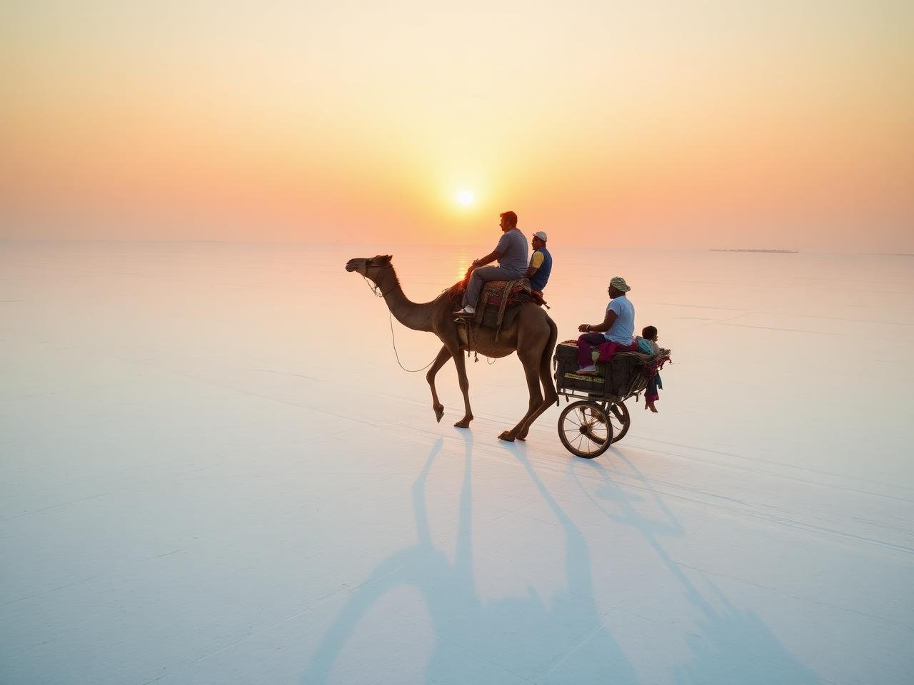 Camel cart carrying travellers across the white desert at sunset