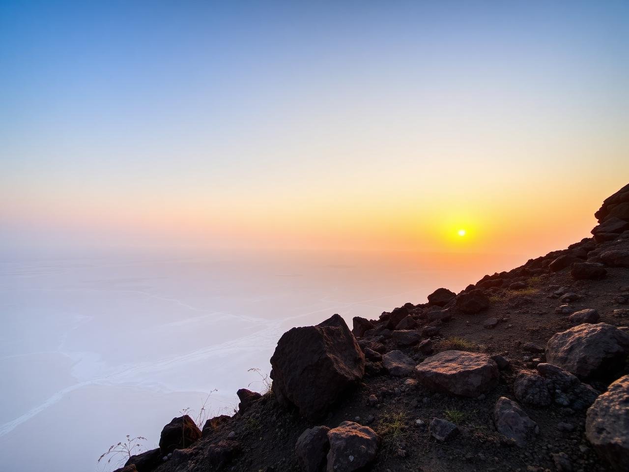 Sunrise view of the white salt marsh from Kala Dungar hill in Kutch